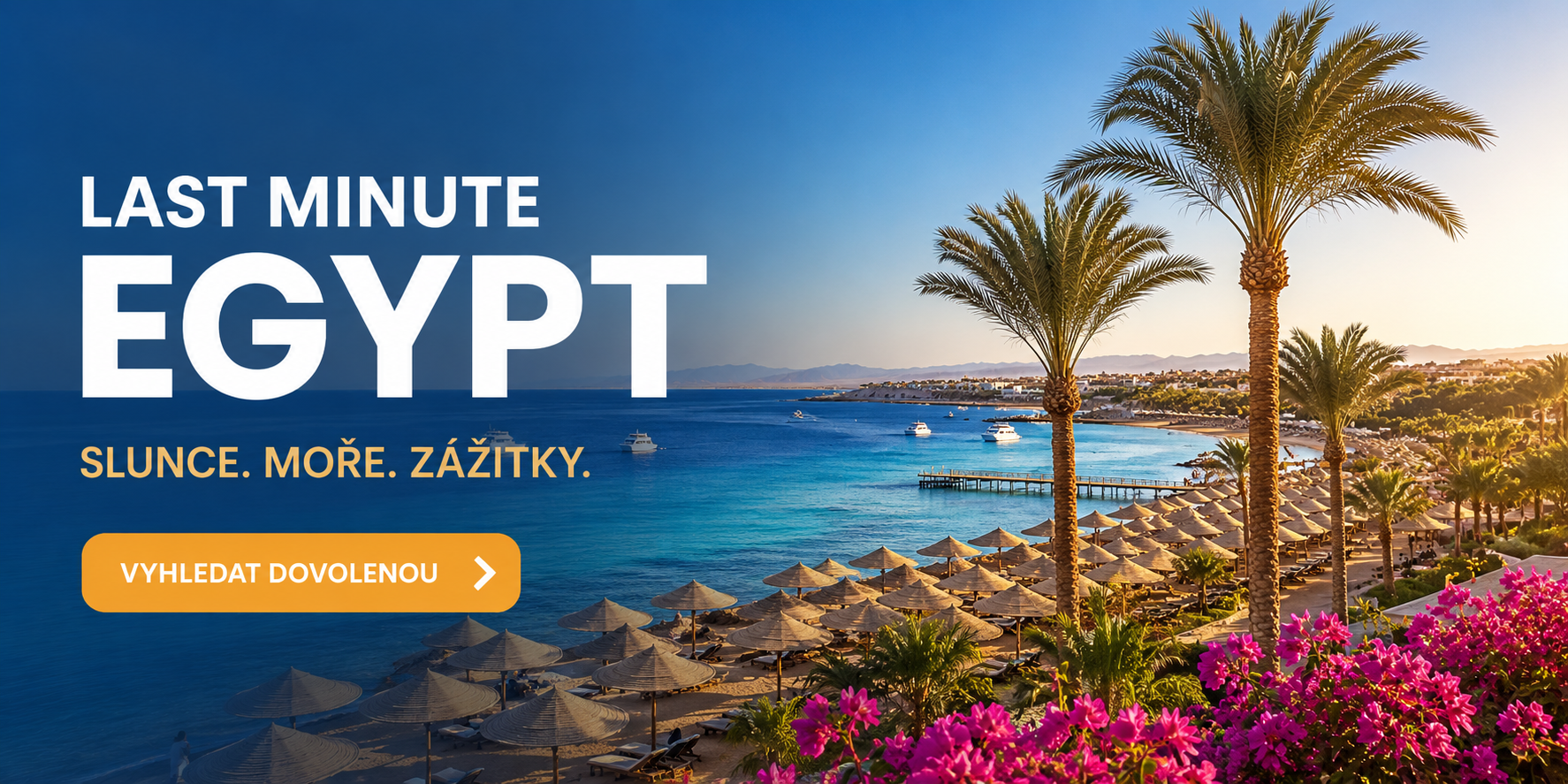 Pláž u moře s palmovými stromy, lehátky a růžovými květy, text „LAST MINUTE EGYPT“.