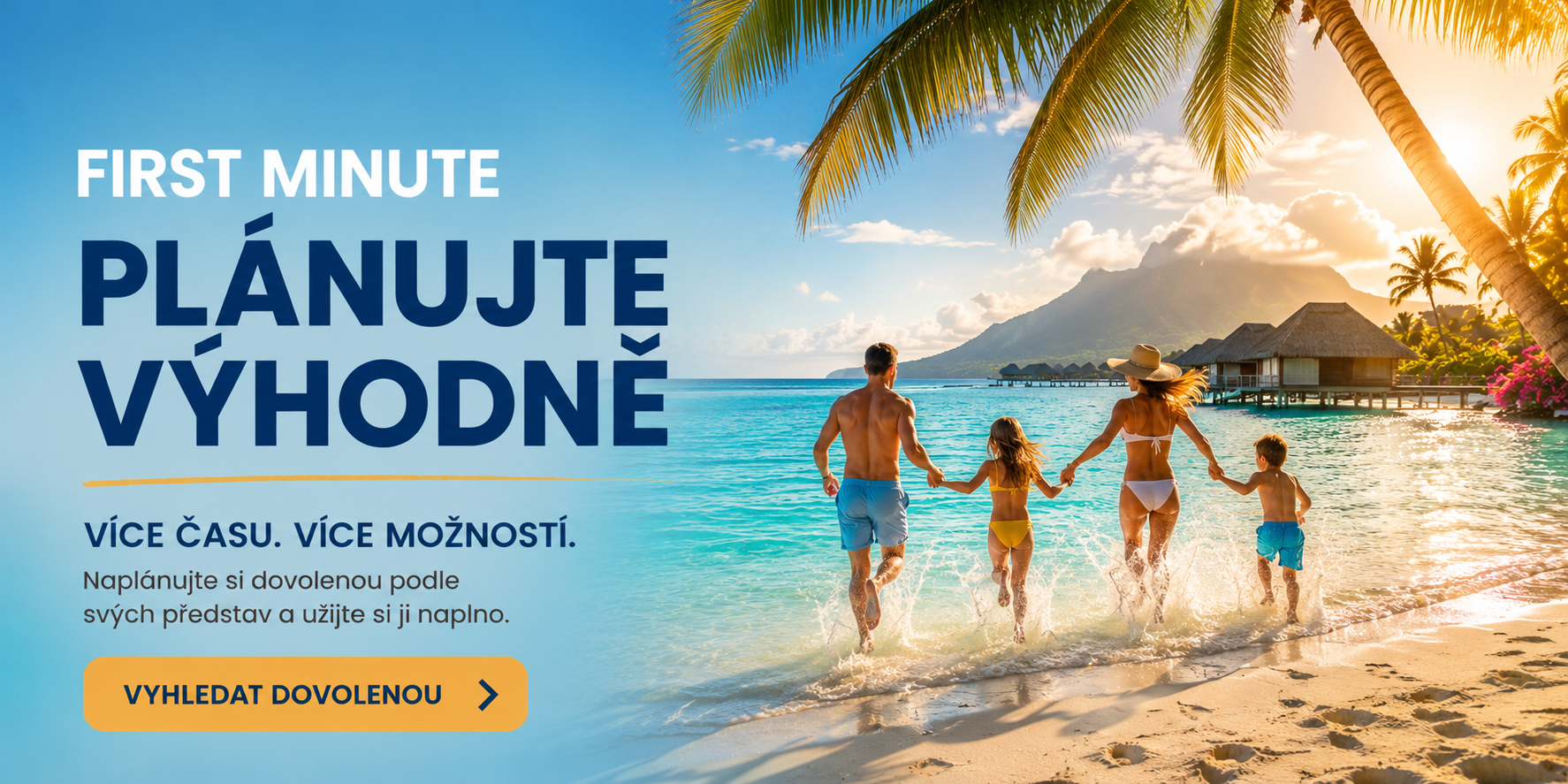 Pláž u moře s palmovými stromy, lehátky a růžovými květy, text „LAST MINUTE EGYPT“.