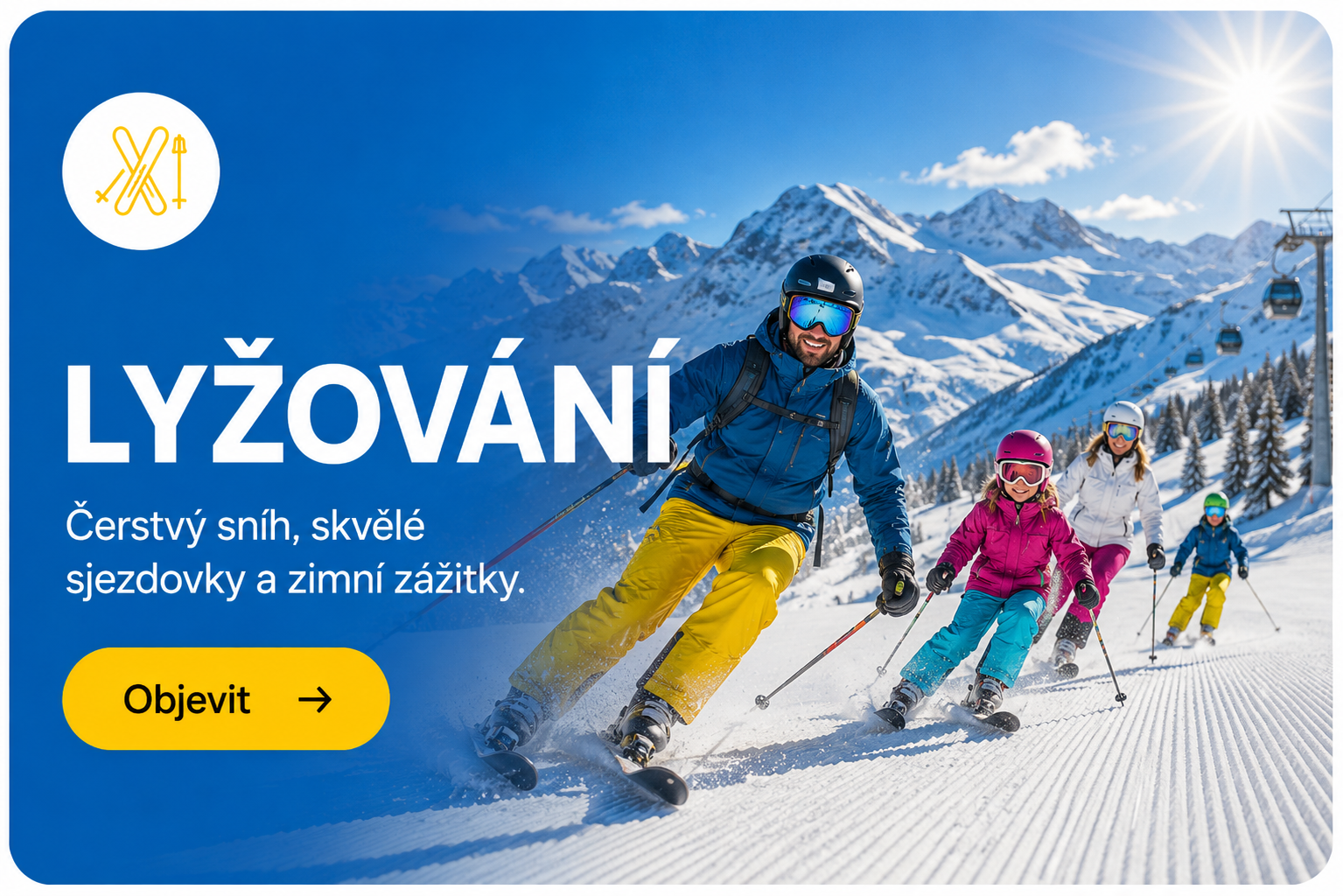 Lyžař na upravené sjezdovce v Alpách za slunečného počasí