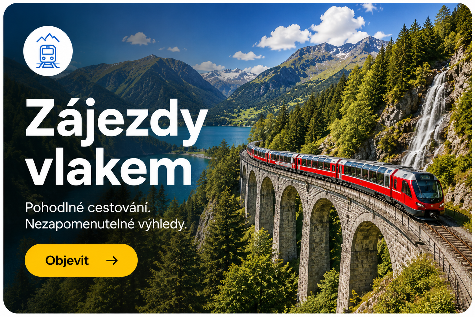 Panoramatický vlak projíždějící horskou krajinou s mosty, lesy a jezery