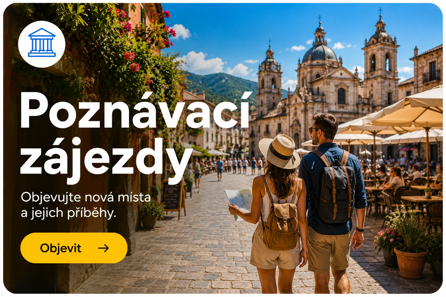 Cestovatelé objevující historické město s náměstím, památkami a příjemnou atmosférou