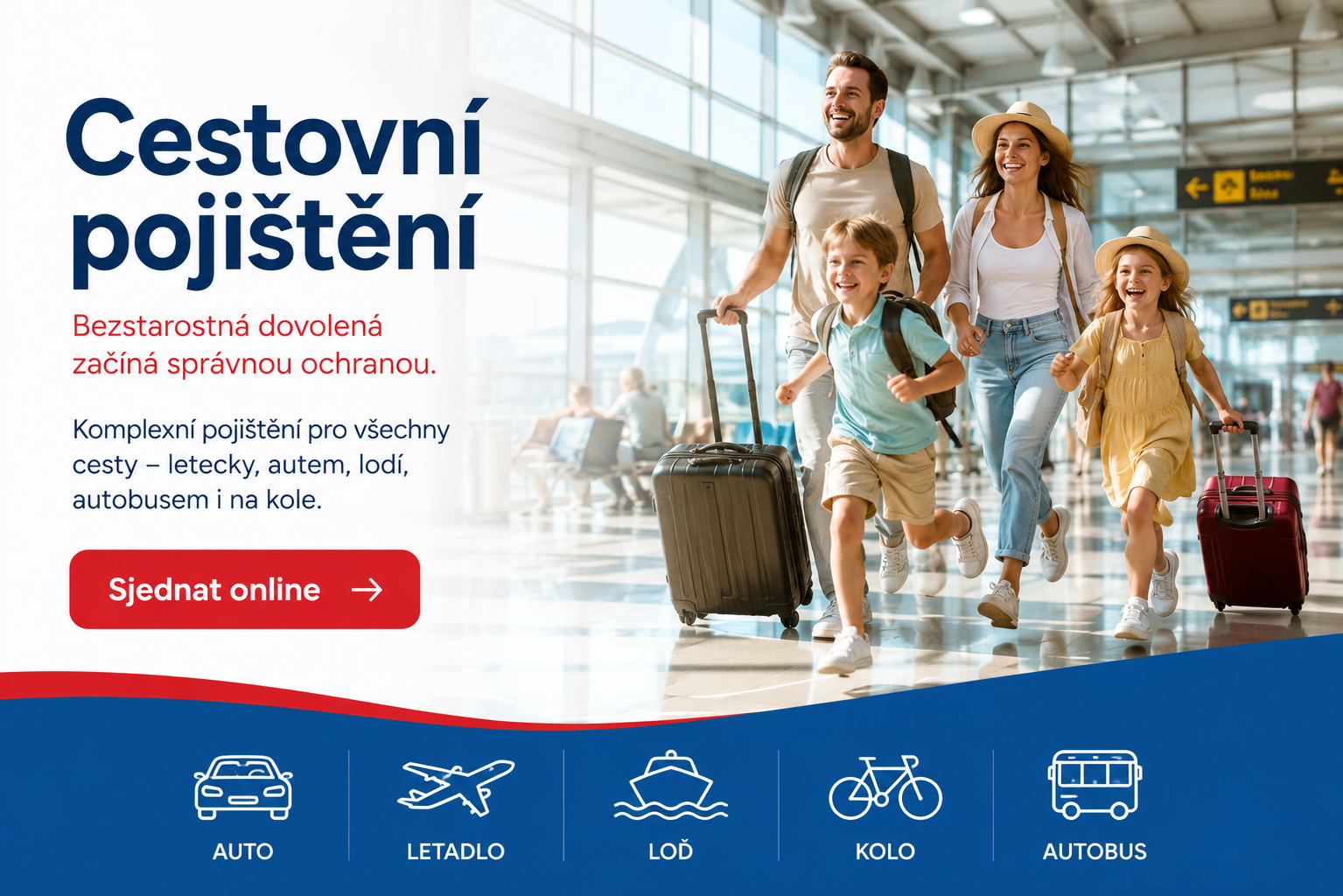 cestovní pojištění, rodina s kufry na letišti