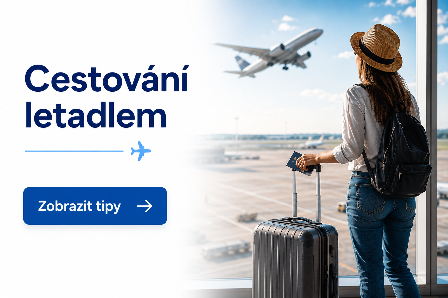 žena stojí s kufrem na letišti a pozoruje letadlo