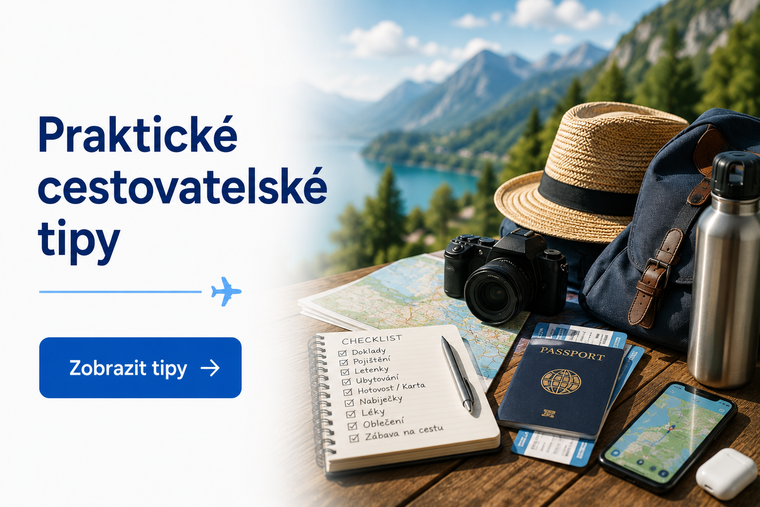 Klobouk, cestovní pas, poznámky, mobilní telefon a mapa v pozadí moře a hory