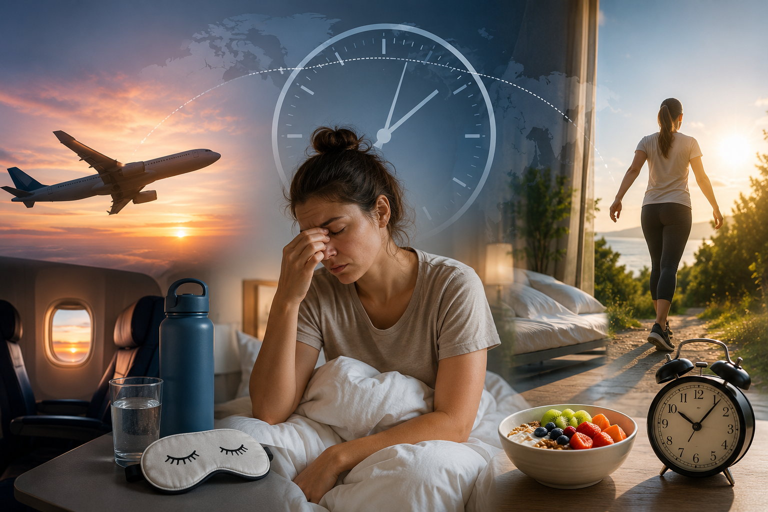 jet lag, unáva, letadlo, hodiny, příroda