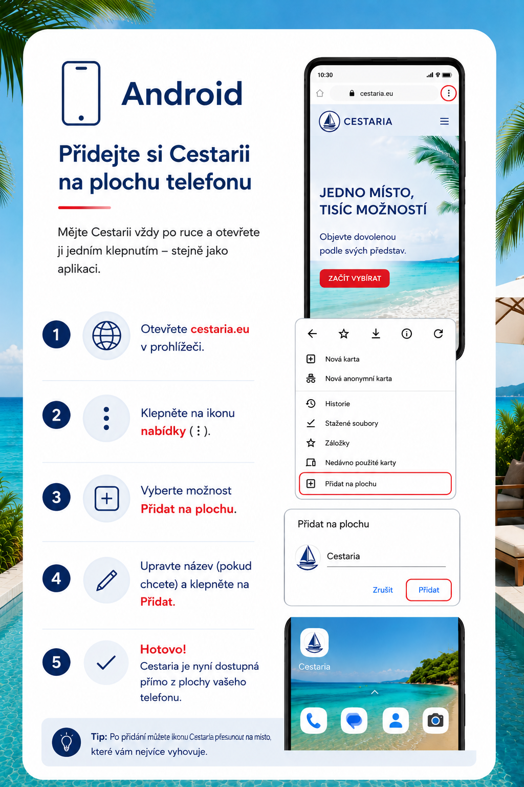 Propagační leták pro Android: telefon s webem Cestaria, kroky přidání na plochu a tropické pozadí.